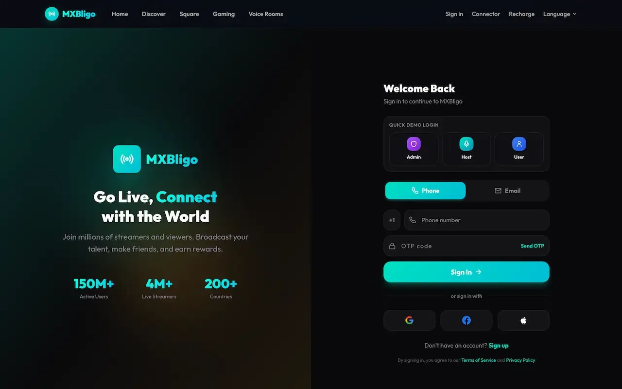 Dark web landing with a go live headline, audience stats and a sign-in form