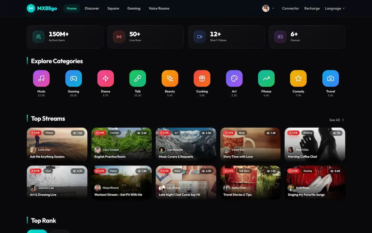 Dark web home with category icons, stat tiles and a grid of live stream thumbnails