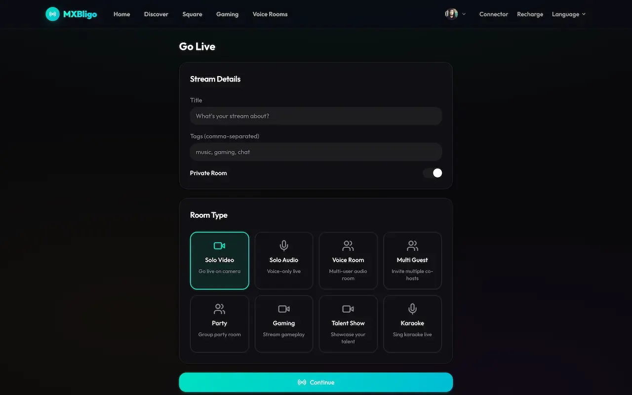 Dark web go live form with title, tags, private toggle and room type tiles