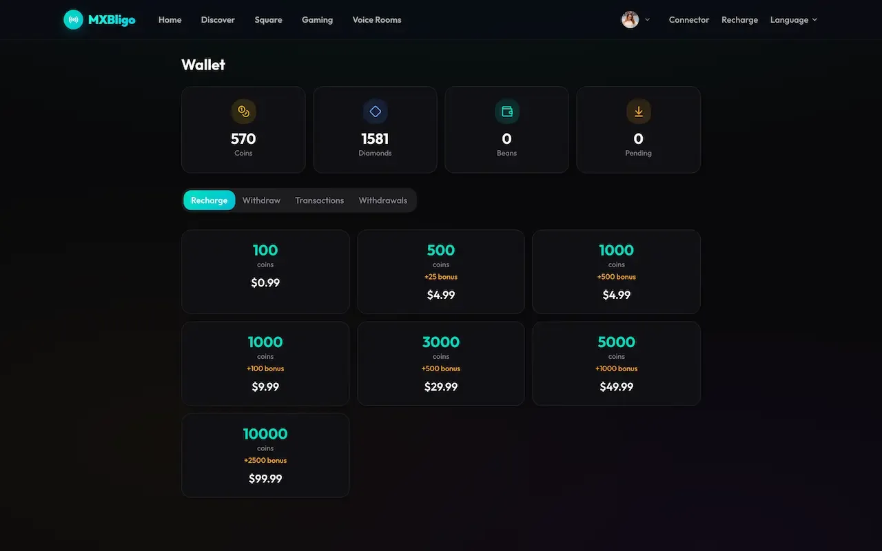 Dark web wallet with coin and diamond balances and a grid of coin recharge packages