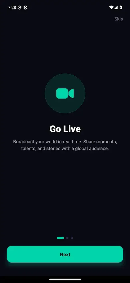 Phone welcome screen with a camera icon, a go live headline and a green next button