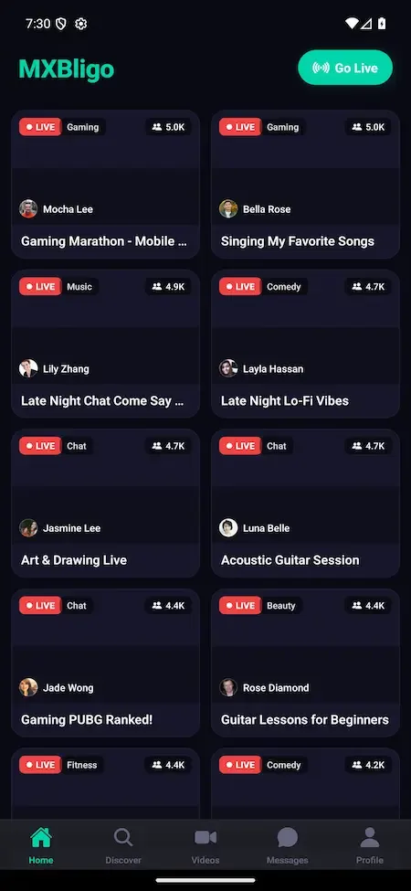 Phone home screen with live room cards in two columns, category labels and viewer counts