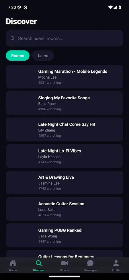 Phone discover screen with a search box, tabs and a list of live rooms