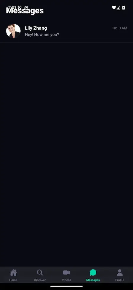 Phone messages tab with one conversation and a bottom navigation bar