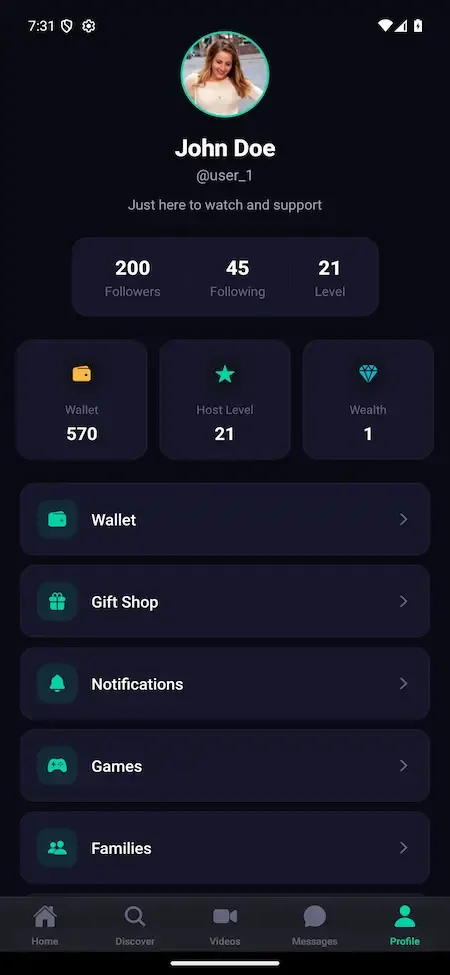 Phone profile with follower counts, wallet and level tiles and menu rows