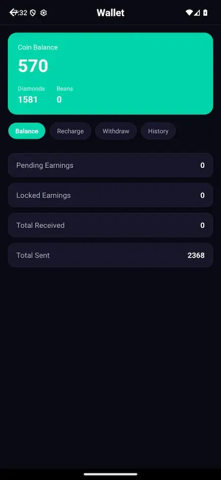 Phone wallet with a green coin balance card, diamond count and earnings rows