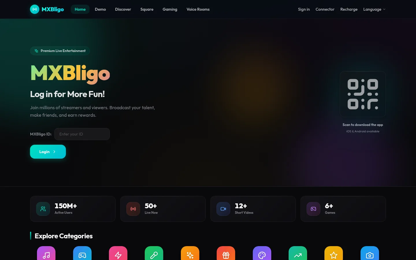 Landing page with product name, ID login field, download QR code and usage counters
