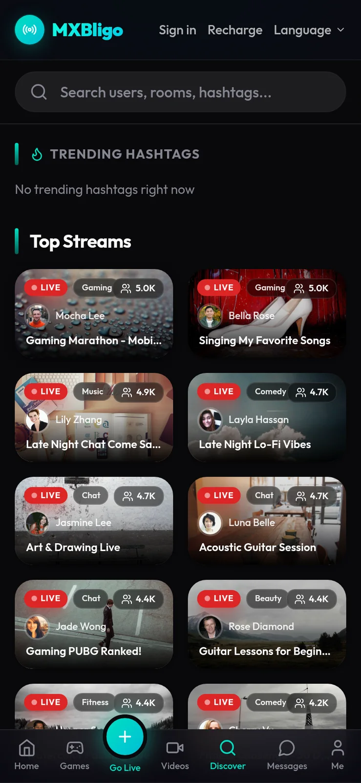 Phone discover screen with search bar and two-column grid of live streams