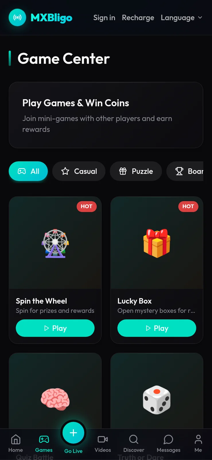 Phone game center with category chips and mini-game cards with play buttons