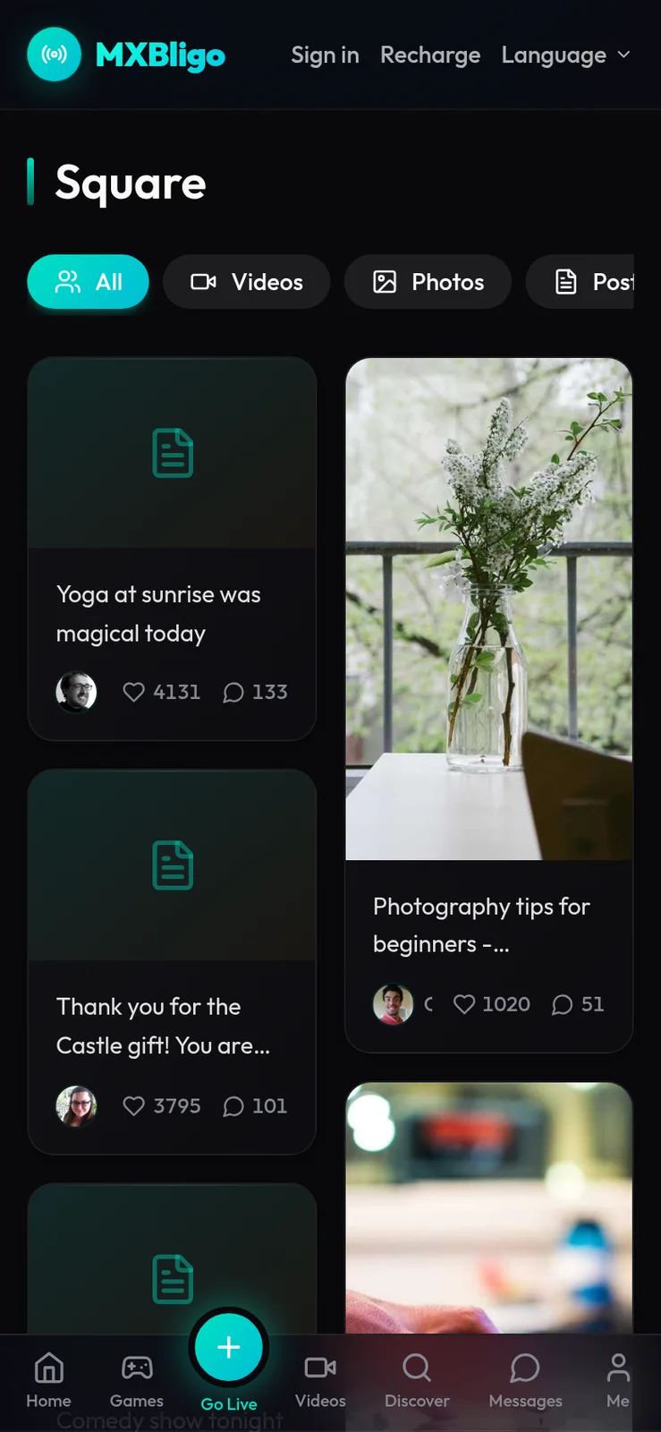 Phone square feed with filter tabs and two-column post grid