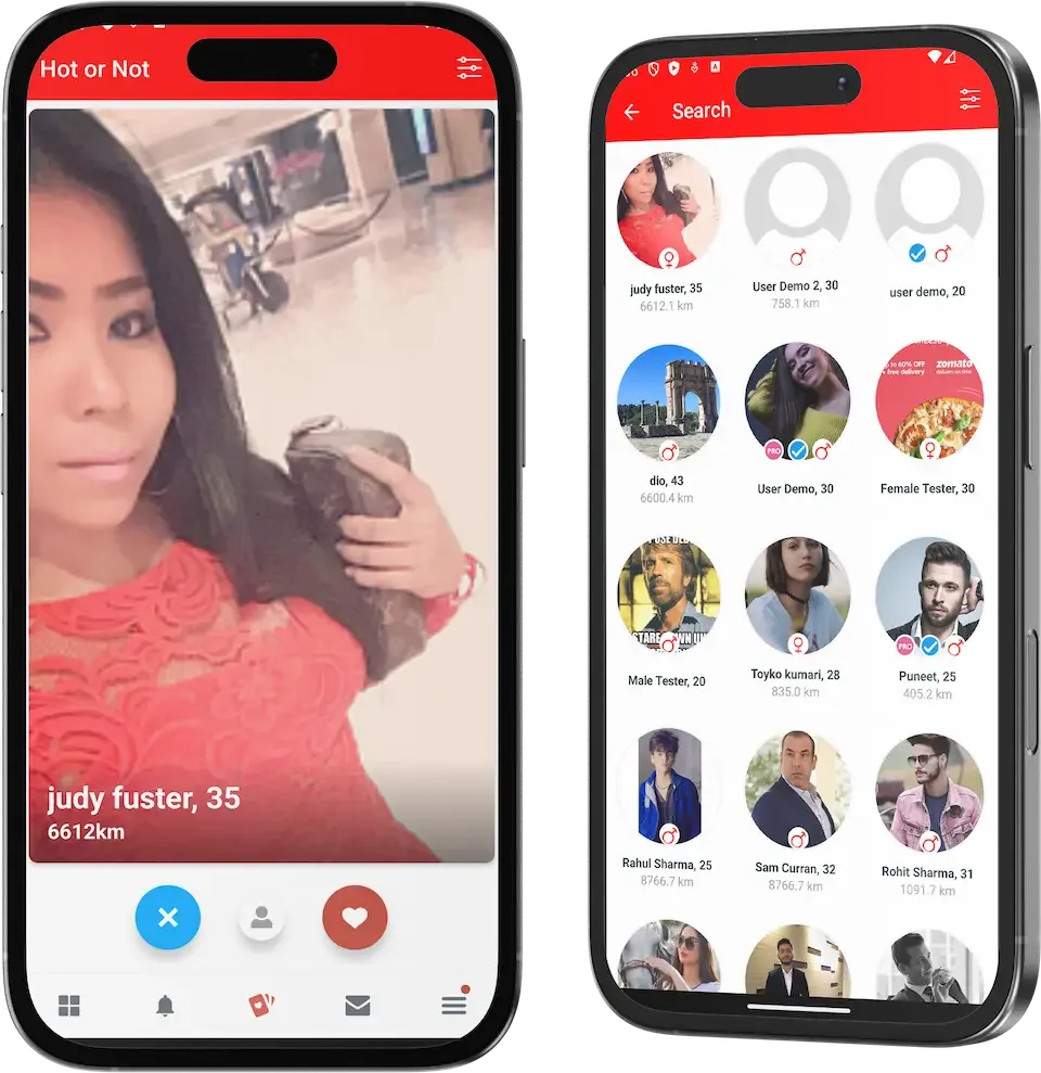 Two phone mockups showing a red swipe card with action buttons and a grid of profiles