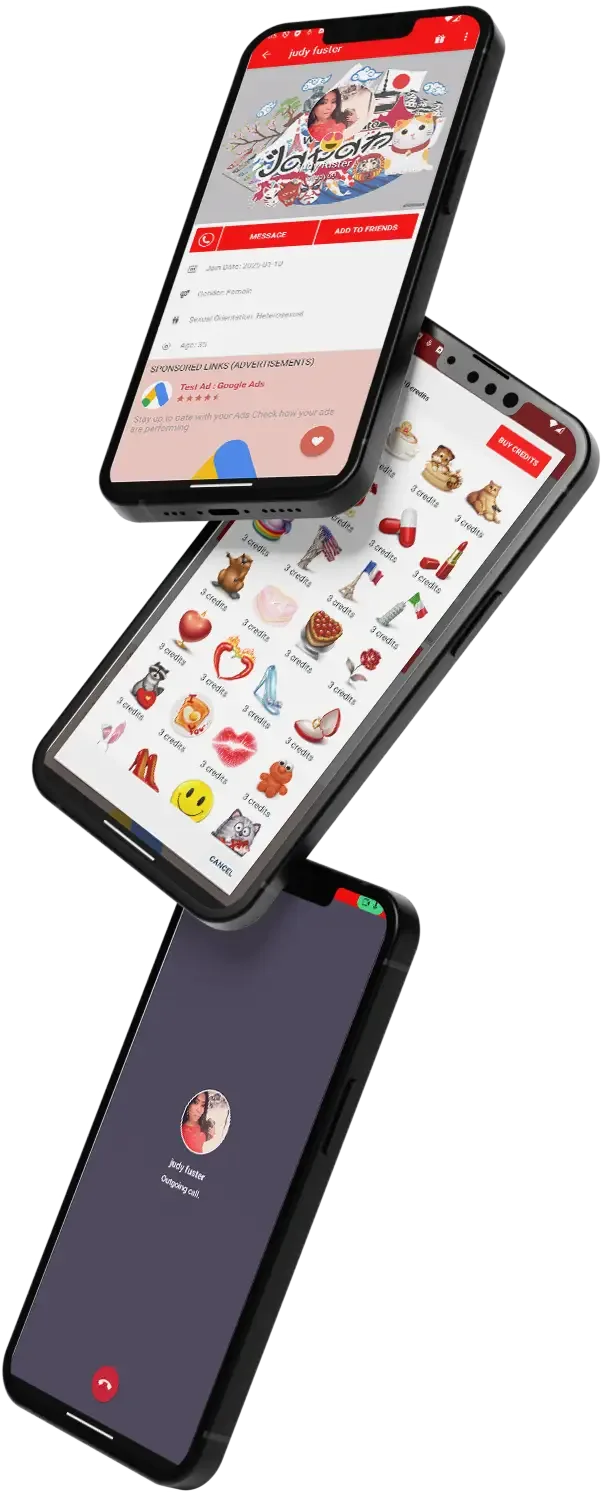 Three tilted phone mockups showing a gift sheet, a profile and an incoming call
