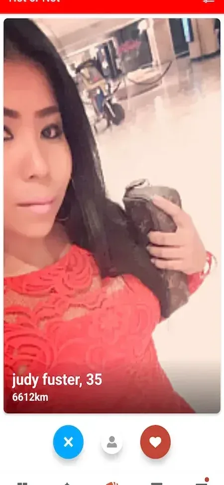 Phone swipe card with a large profile photo, name, distance and pass, like buttons