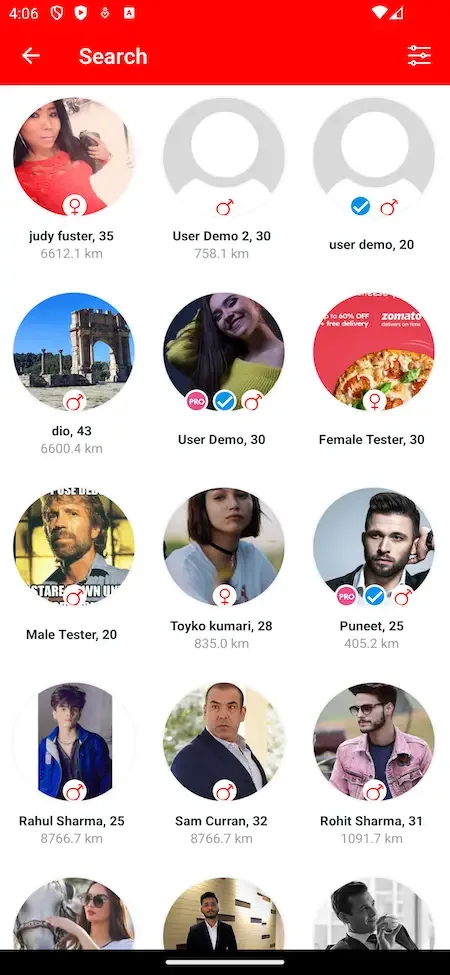 Phone search screen with a grid of round profile photos, names and distances