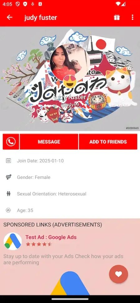 Phone profile with a collage cover photo, message button, details and a sponsored link