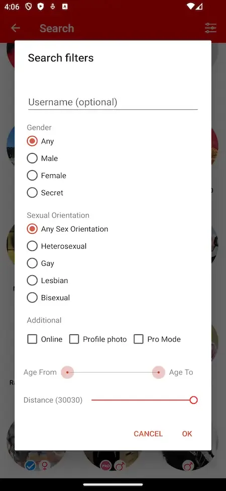 Phone search filters dialog with gender, orientation, age range and distance controls