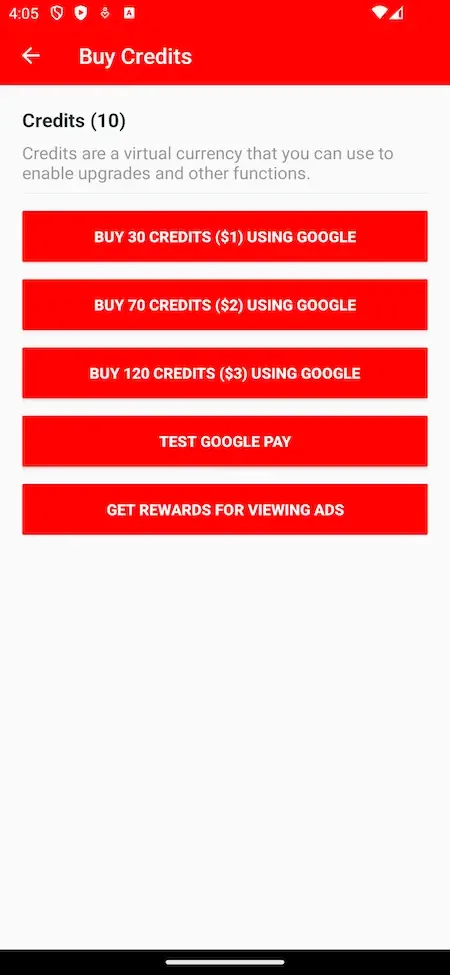 Phone buy credits screen with red purchase buttons and a watch ads reward option