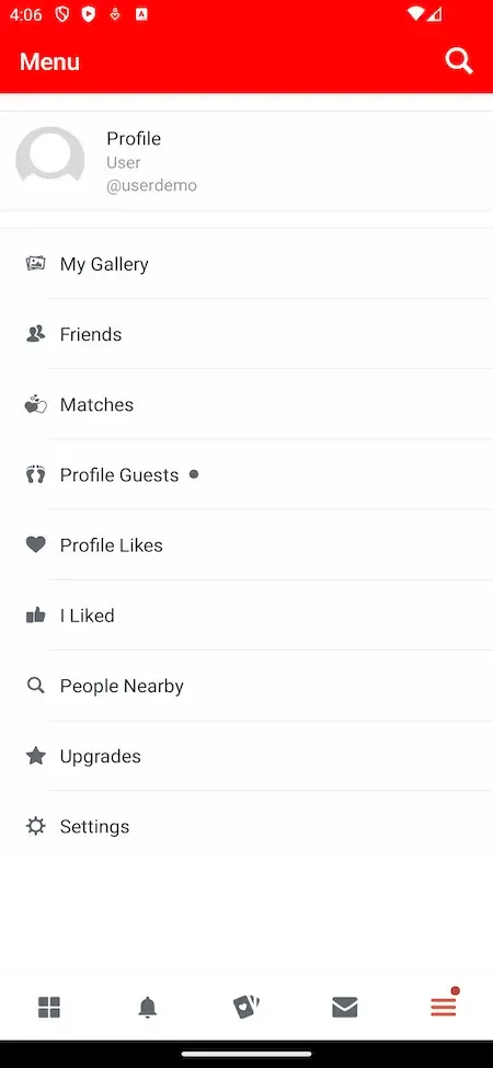 Phone menu list with gallery, friends, matches, profile guests, likes, people nearby and settings