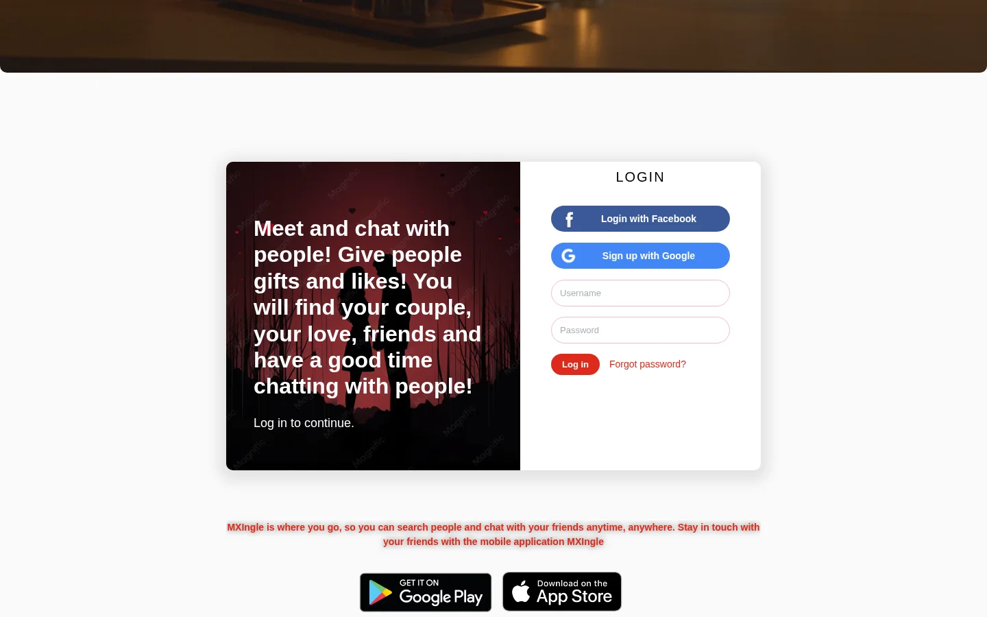 Login card with Facebook and Google buttons above app store badges