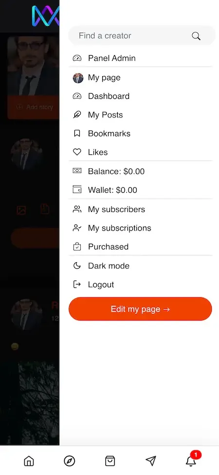 Phone app slide-out menu with dashboard, bookmarks, wallet, subscriptions and an edit page button