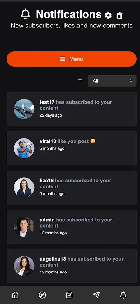 Phone notifications list showing new subscribers, likes and comments with small profile photos