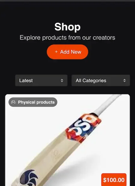 Phone shop screen with category filters and a cricket bat product priced at one hundred dollars