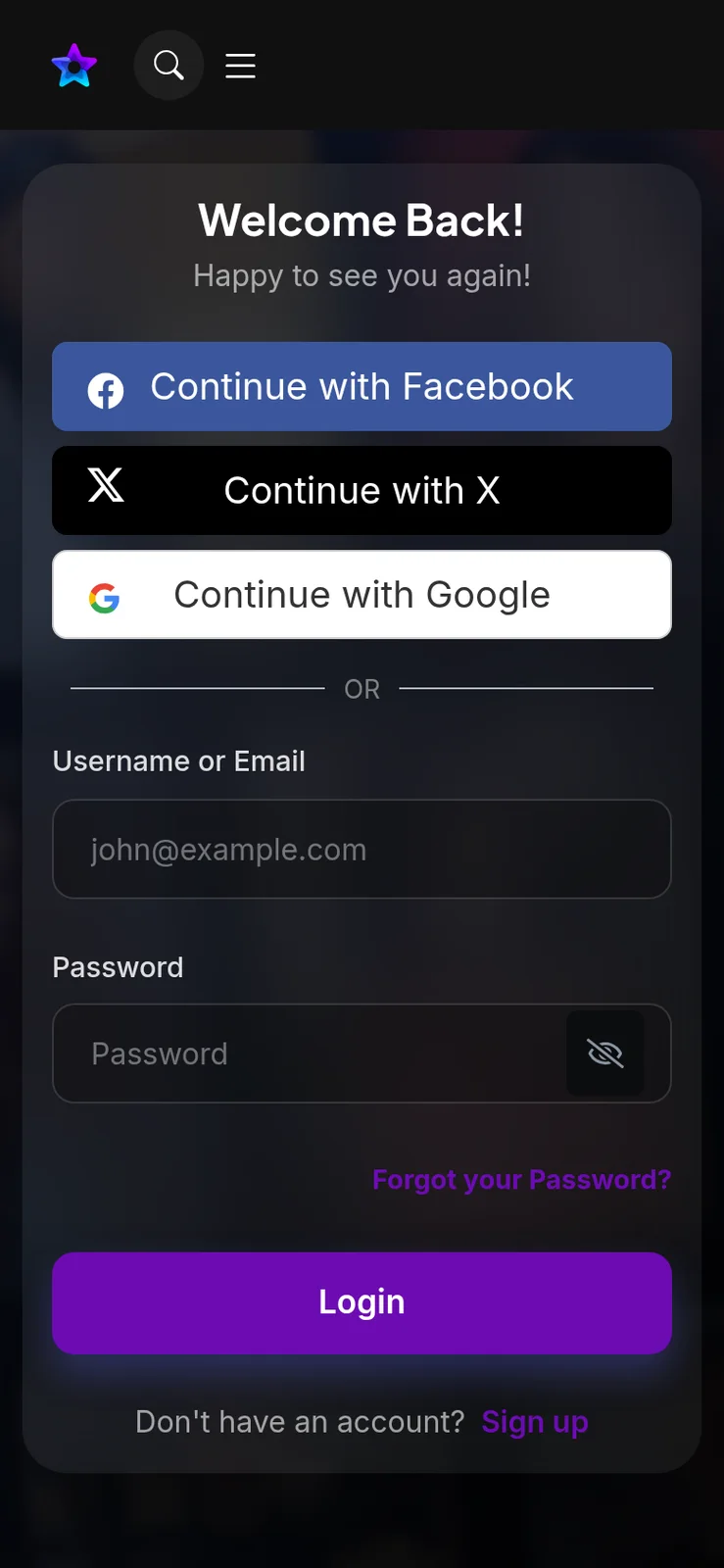 Login screen with Facebook, X and Google buttons above username and password fields