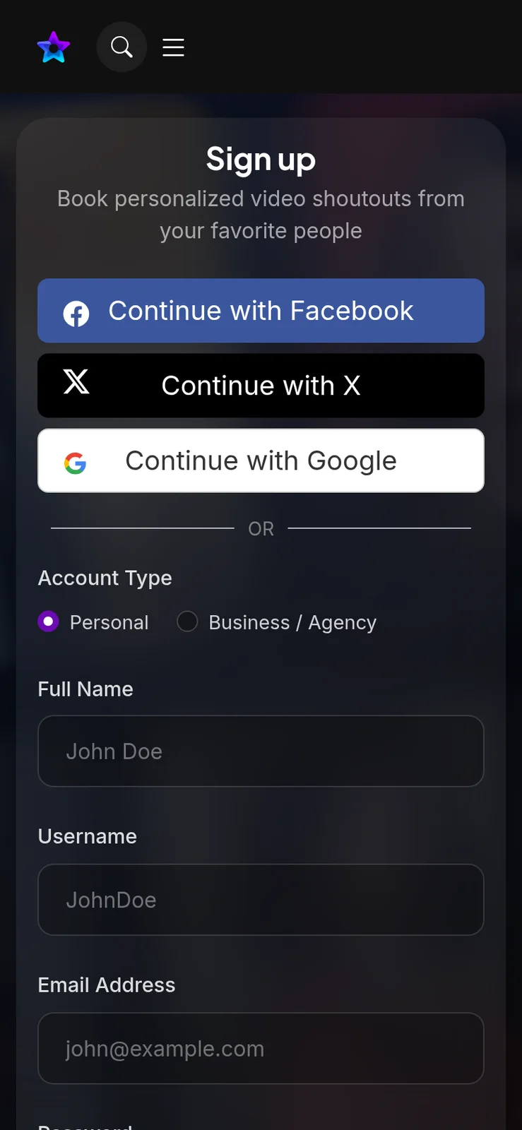 Sign up screen with social buttons, account type choice and name fields