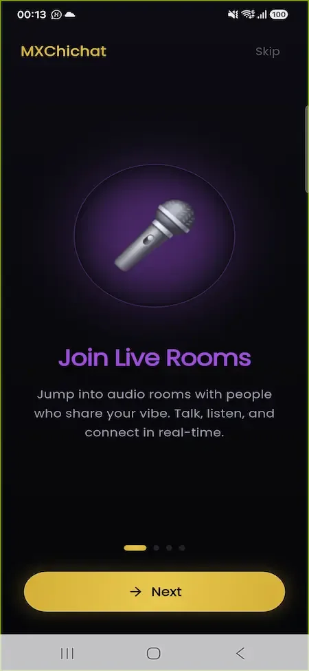 Phone welcome slide with a glowing microphone, a join live rooms headline and next button