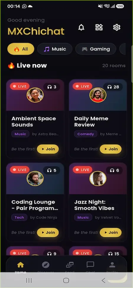 Phone home with category chips and live room cards showing listener counts and join buttons