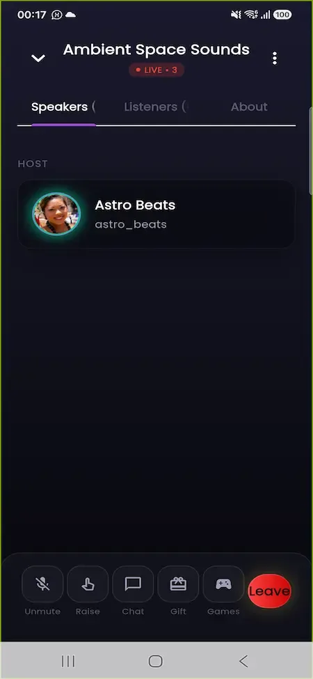 Phone voice room with speakers, listeners and about tabs and mute, raise, chat, gift, games controls