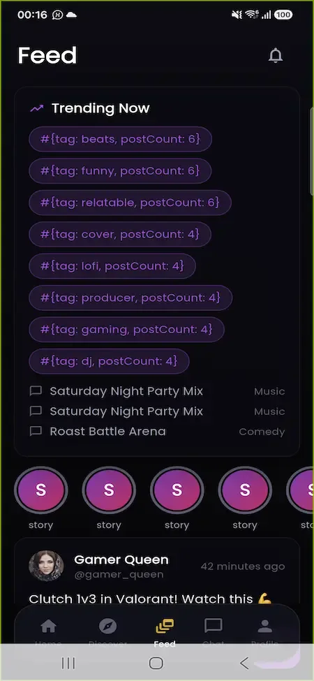 Phone feed with trending tags, story circles and a post from a member