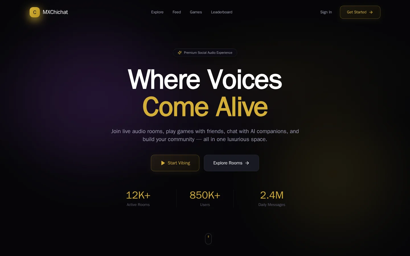 Landing page headline Where Voices Come Alive with start buttons and usage counters