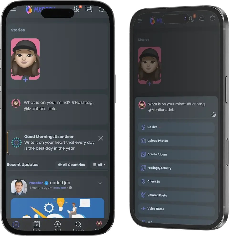 Two dark phone mockups showing the stories row, a post box and a create menu