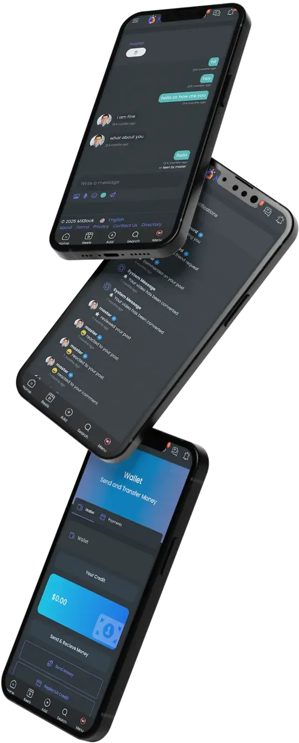 Three tilted phone mockups showing a chat, a feed and a blue card screen