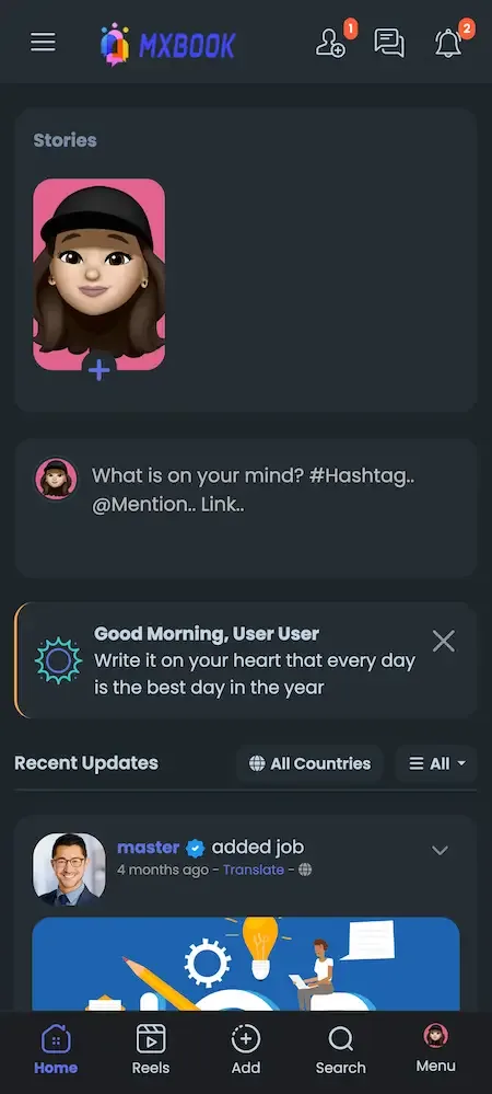Phone home feed with a stories card, a status box and a greeting banner