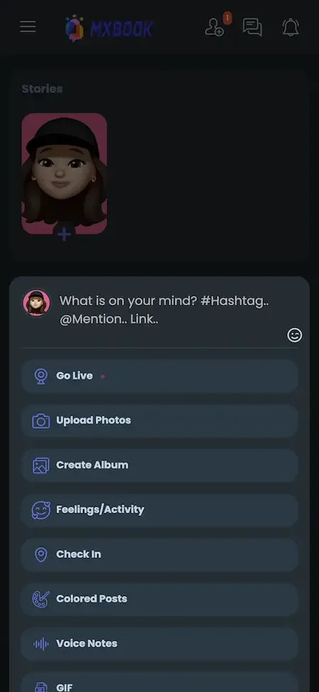 Phone post composer menu listing go live, upload photos, create album, check in and voice notes