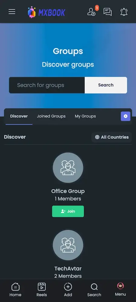 Phone groups page with a blue header, a search box and group cards with join buttons