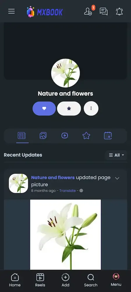 Phone page profile with a round logo, action buttons, content tabs and a recent update