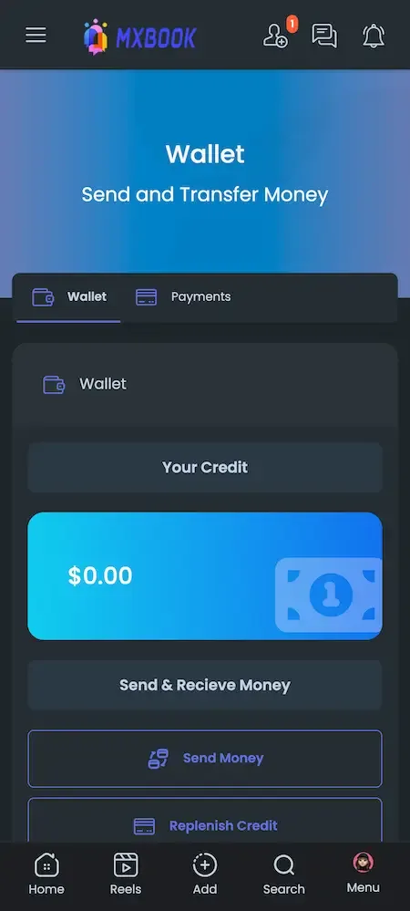 Phone wallet with a blue header, a zero credit card and send and replenish buttons