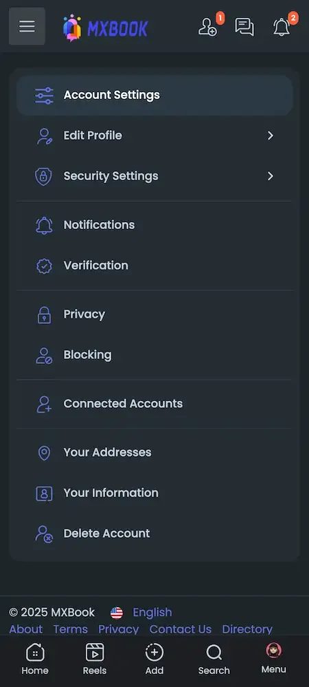 Phone account settings list with edit profile, security, verification, privacy and blocking rows