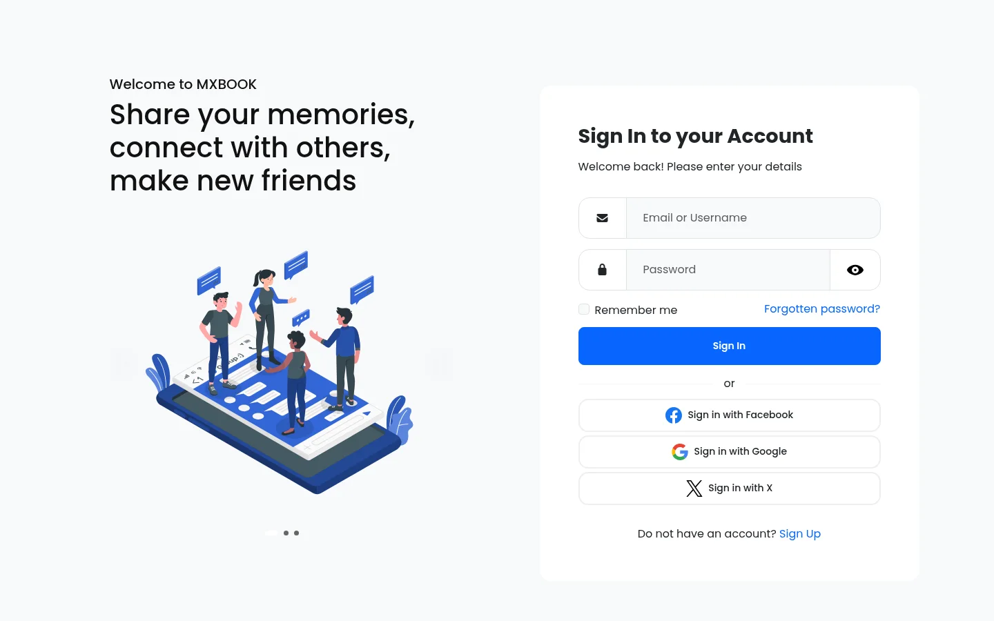 Welcome page with illustration beside a sign in form and social buttons