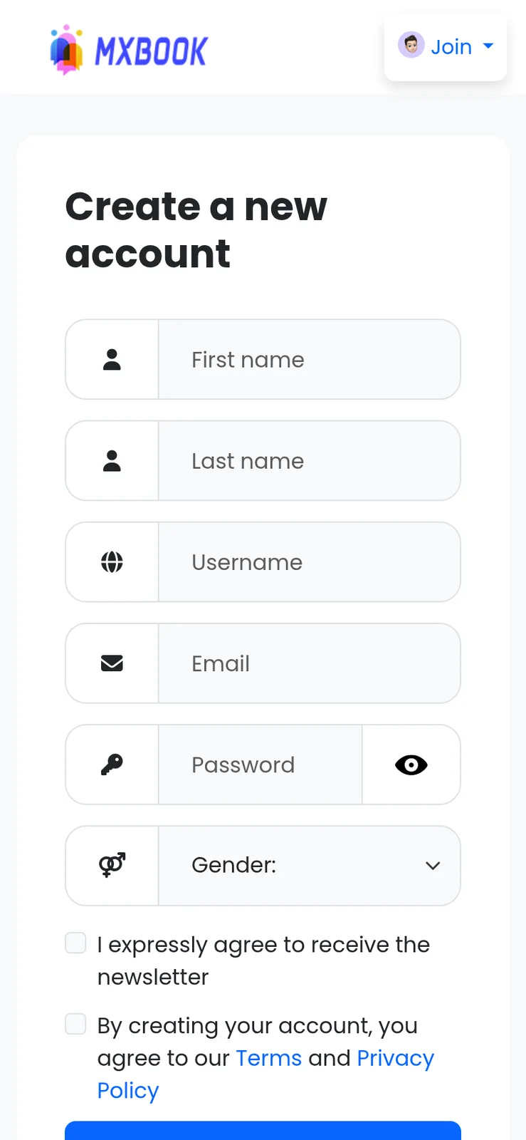 Phone create account form with name, username, email and password fields