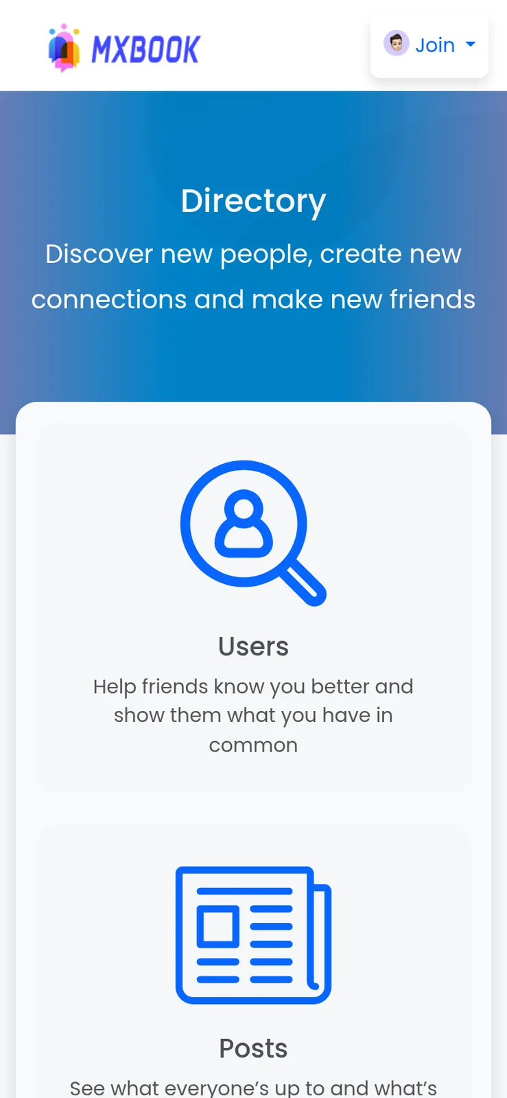 Phone directory page with users and posts tiles under a blue header