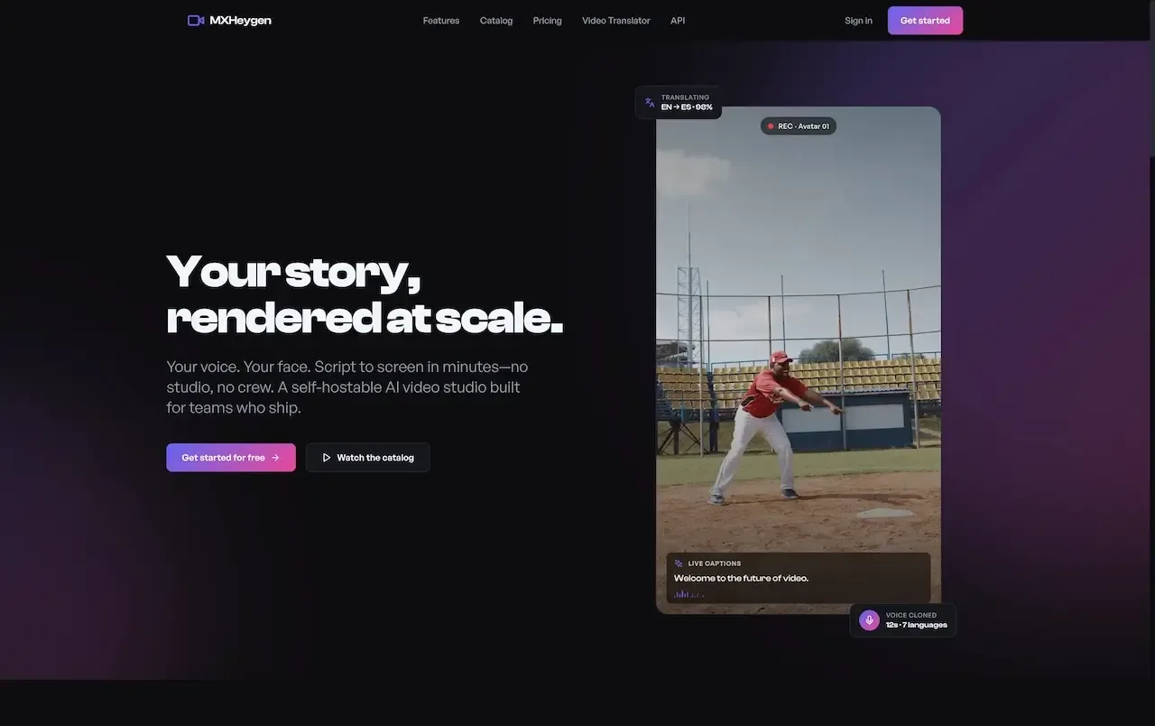 Dark web landing page with a story rendered at scale headline and a vertical video preview