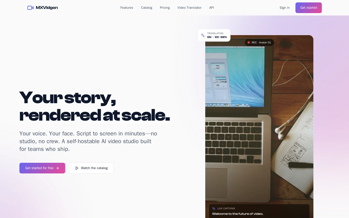 Landing page headline Your story rendered at scale beside an avatar recording preview