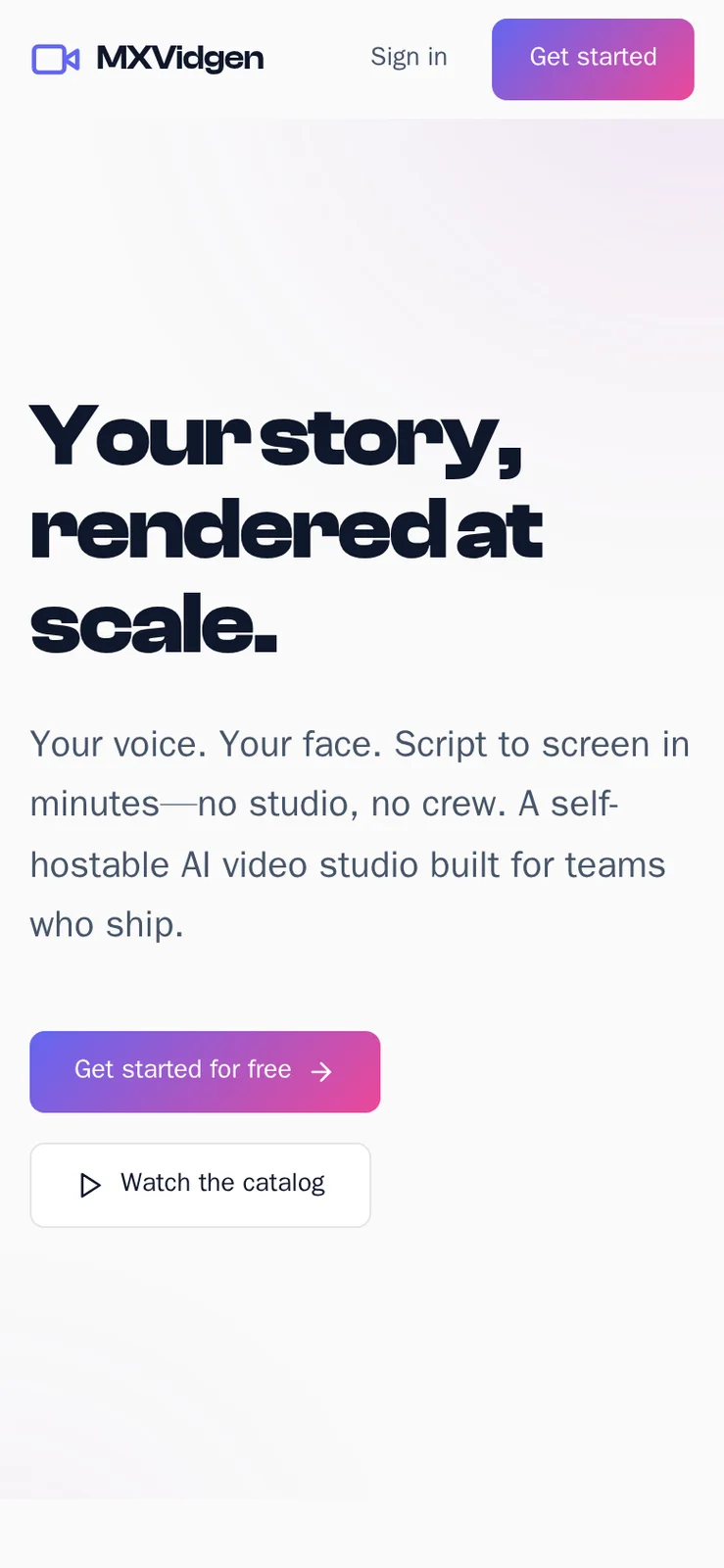 Phone landing screen with headline, get started button and watch the catalog button