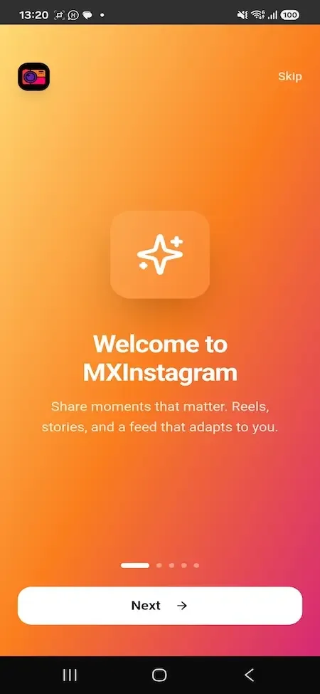 Phone welcome slide with an orange gradient, sparkle icon and a white next button