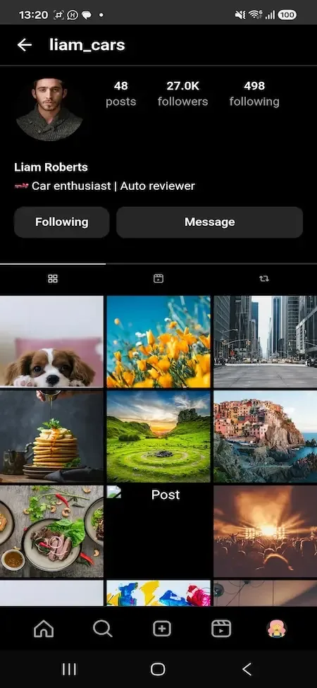 Phone profile with post and follower counts, follow and message buttons and a photo grid