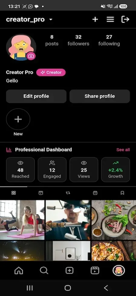 Phone creator profile with a professional dashboard of reach, engagement, views and growth tiles